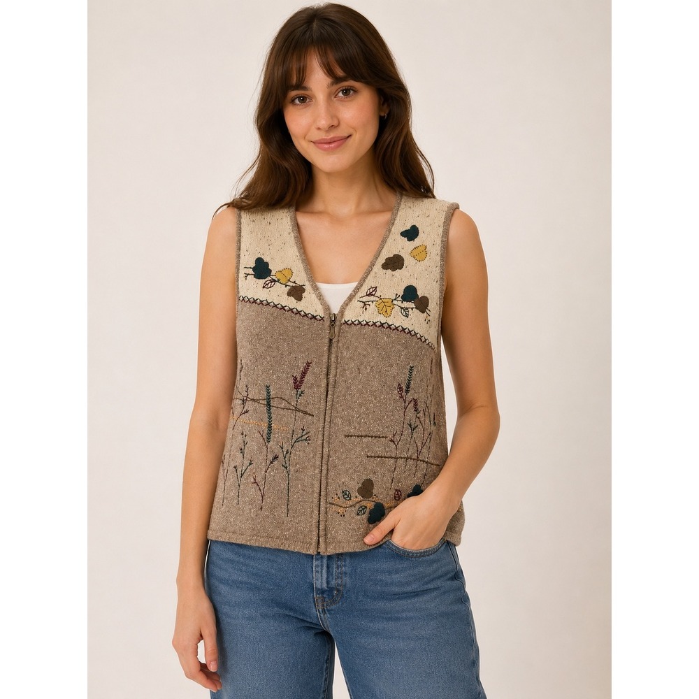 Vintage Teddi Petite Sweater Vest Womens PL Tan Embroidered Nature Leaves Knit
